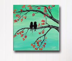 two birds sitting on a tree branch with red flowers painted on it's green background