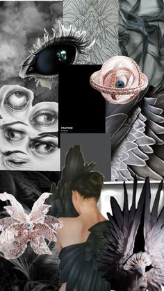 a collage of different images with black and white art work on the top right side