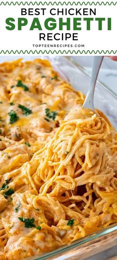 a casserole dish with chicken and noodles in it