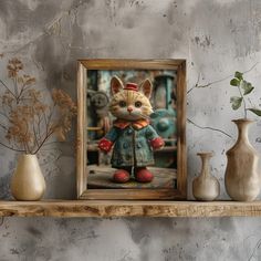 a painting of a cat in a coat on a shelf next to vases and flowers