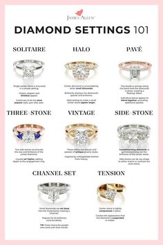 the diamond settings guide for different types of engagement rings and their price tags are shown