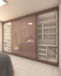 a bedroom with a bed, closets and shelves