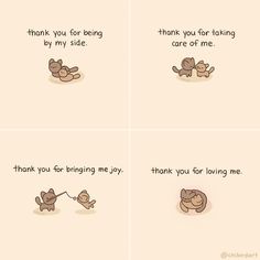 four cards with cartoon animals saying thank you for being by my side