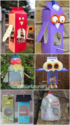 several pictures of different bird houses made out of cardboard boxes and paper mache birds