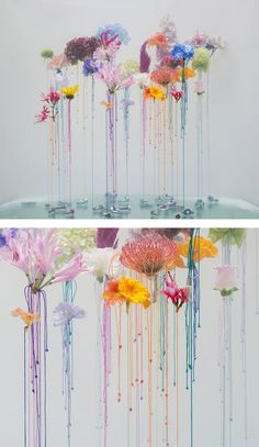 two pictures with different colored flowers in the middle and one has dripping paint on it