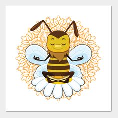 a bee sitting on top of a flower with its eyes closed and arms wide open