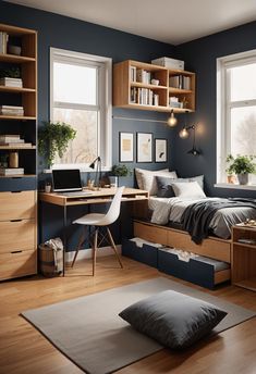 a bedroom with blue walls and wooden flooring has a bed, desk, bookshelf, chair, window, and rug