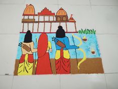 a painting on the ground with two women and a man in front of a temple