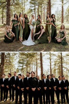 the bride and groom are posing for pictures in the woods with their bridal party