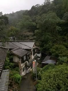 an aerial view of a house in the middle of some trees and bushes, with mountains in the background