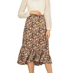 Channel your everlasting love for floral prints with this ultra-classic midi skirt with a ruffle hem, which just adores the detailing for a feminine and fashionable feel. It would be easy to pair it with a simple, light, and plain shirt or blouse. Featuring floral detailing and a midi length, it is the perfect casual piece to be paired with sandals or sneakers for a cute day look. Floral Skirt Summer, Skirt Trends, Plain Shirt, Floral Maxi Skirt, Midi Skirts, Hem Style, Flowy Skirt, Summer Floral, Knee Length Skirt