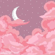 the moon is in the sky above some pink flowers and clouds with stars on them