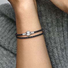 Create a personal look with this woven leather bracelet. The versatile design is secured with our signature ball clasp in sterling silver. Your next collection starts here. Pandora Moments Double Black Leather Bracelet - Size 15.0 Inches | Sterling Silver | 590745CBK-D2 Elegant Braided Bracelet With Stainless Steel Clasp, Elegant Leather Bracelet With Sterling Silver Clasp, Elegant Sterling Silver Leather Bracelet, Bracelet En Cuir Diy, Beautiful Champagne Glasses, Leather Charm Bracelets, Diy Leather Bracelet, Double Black, Bracelet Pandora