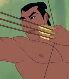 an animated image of a man with no shirt on holding two arrows in his hands