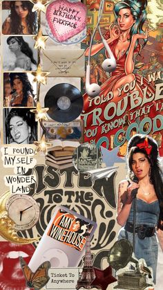 a collage of various images and words with an image of a woman holding a microphone