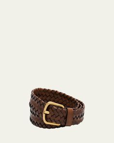 Loewe belt in woven calf leather    Approx. 1.38"W    Goldtone prong buckle    Leather loop    Adjustable fit    Leather    Made in Spain Formal Woven Leather Belt, Classic Braided Leather Belt, Classic Woven Leather Belt, Brown Woven Leather Belt, Loewe Belt, Loewe Men, Man Weave, Elements Of Style, Loafer Mules