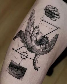 a tattoo on the leg of a person with an arrow and other things in it