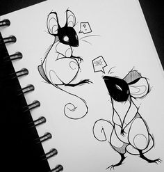 a drawing of a mouse and a person with a sign in their hand on a notepad