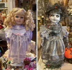 two pictures of dolls in different styles and sizes