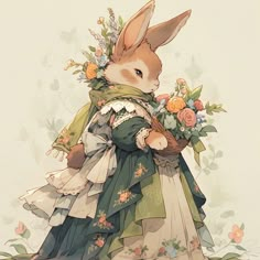 a drawing of a rabbit in a dress with flowers on it's head holding a basket