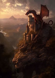 a dragon sitting on top of a castle