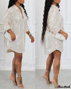 Color: Apricot, Size: 3XL Plus Size Outfits Work, 40 Th Birthday, Sequin Shirt Dress, Fashion Outfits Spring, Denim Style Casual, Elegant Plus Size, Night Out Dresses, Shirt Dress Outfit, Chic Wardrobe