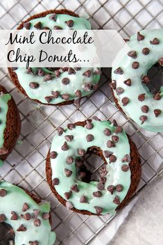 mint chocolate chip donuts on a cooling rack