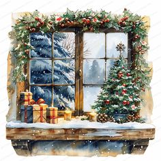 a watercolor painting of a christmas tree by an open window with presents under it