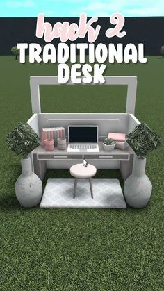 a computer desk sitting on top of a lush green field