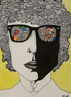 a drawing of a man with curly hair and glasses on his face is featured in the image