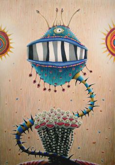 a painting of a strange creature with many spikes on it's head and eyes