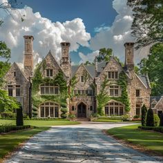 a large stone house with ivy growing all over it