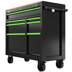 a black and green tool cabinet on wheels