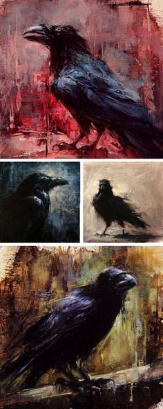 four paintings of black crows sitting on top of each other in different stages of painting