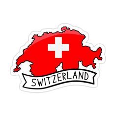 the map of switzerland with a white cross on it, and an inscription in red sticker