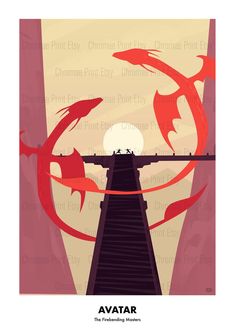 a poster with an image of a bridge and two red fish in the sky above it