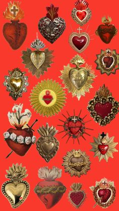 many different types of heart shaped brooches on a red background with gold accents