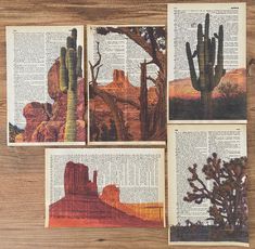 four pictures of desert scenes on an old book page with cactus trees and mountains in the background