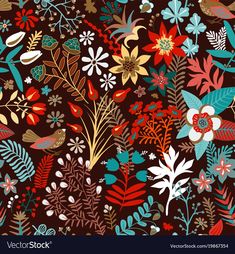 an abstract floral pattern with birds and flowers on dark brown background, suitable for wallpaper or fabric design