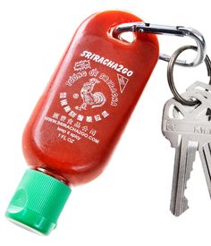 a bottle shaped like a keychain with a green cap on it and two keys attached