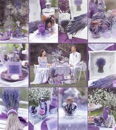 a collage of photos with purple and white decor