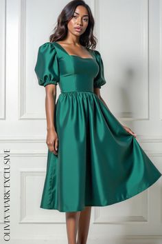 Olivia Mark - Elegant Emerald Green Satin Midi Dress with Puffed Sleeves Dress With Puffed Sleeves, Satin Midi Dress, Puffed Sleeves Dress, Green Satin, Puffed Sleeves, Cinched Waist, Full Skirt, Olivia Mark, Winter Dresses