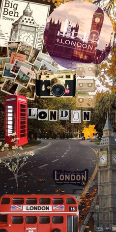 a collage of london with the big ben clock tower and red bus in the foreground