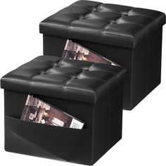 two black leather ottomans with magazine holders on each one and magazines in the bottom compartment