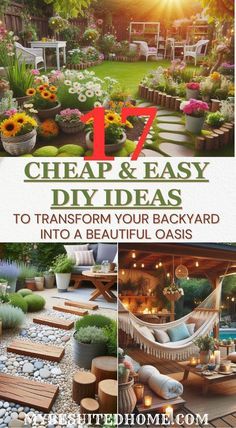 the front cover of a book with pictures of backyard furniture and flowers in pots on it