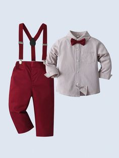 2pcs Baby Boy Gentleman Outfit Includes Long Sleeve Shirt With Bow Tie And Overall Pants, Suitable For Birthday Party, New Year's Eve, Wedding, Baptism, 1st Birthday Events Red   Long Sleeve Fabric Geometric,Plain  Non-Stretch  Baby Boys Clothing, size features are:Bust: ,Length: ,Sleeve Length: Gentleman Mode, Style Gentleman, Suspender Pants, Pantalon Large, Cosplay Dress, Gentleman Style, Inspiration Mode, Boys Clothing, Kids Beachwear