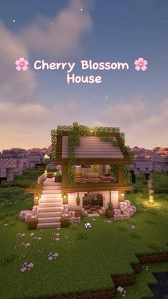 a house in the middle of a field with stairs leading up to it that says cherry blossom house