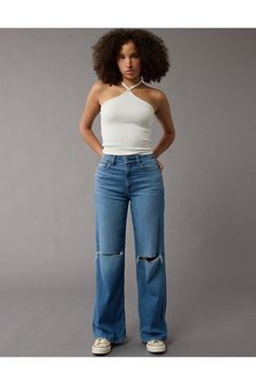 Dreamy, drapey stretch fabric/Soft & lightweight/Medium wash The Virgin Aesthetic, Jane The Virgin Aesthetic, Virgin Aesthetic, Jeans For Big Thighs, High Waist Loose Jeans, Hoi An Tailor, Baggy Jeans Women, American Eagle Pants, Thrift Ideas