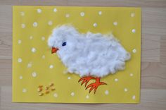 a white bird made out of felt on a yellow background with scattered dots and circles