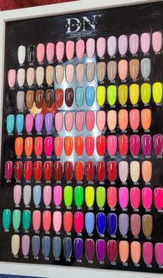 Best Colour For Nails, Colors Of Nails, Nail Polish Colour Names, Nail Colors For School, Gel Nail Color Palette, Rare Nail Colors, Nail Pallet Color, Nail Colour Palette, Nail Color Swatches Display